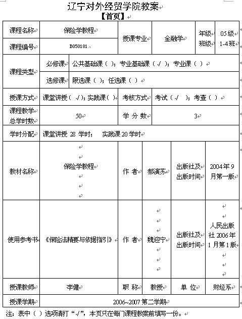 辽宁对外经贸学院《保险原理》教案