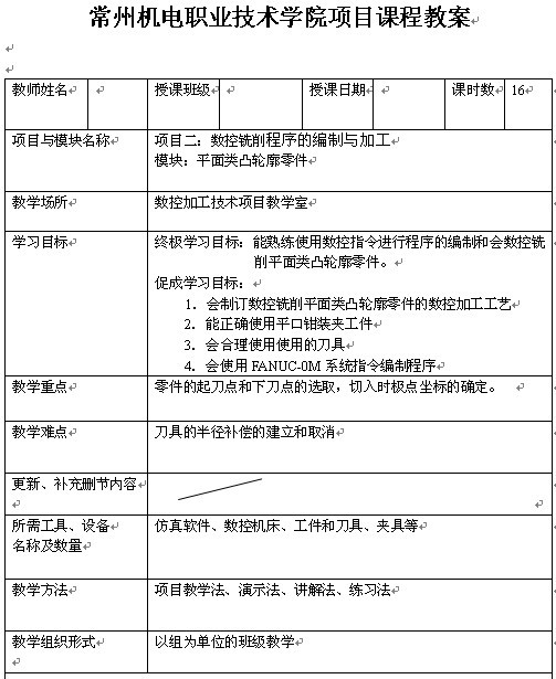 常州机电职业技术学院《数控铣削程序的编制与加工》教案