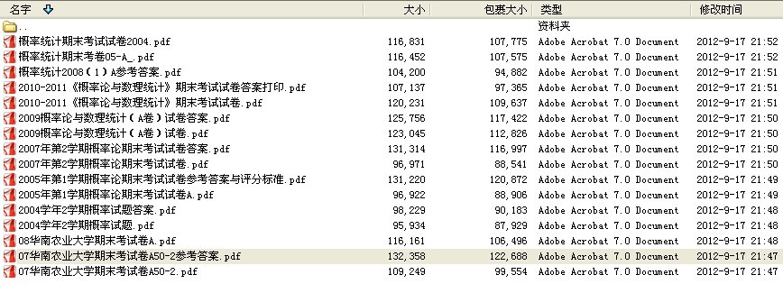 9份华南农业大学概率论与数理统计期末考试试题及部分答案