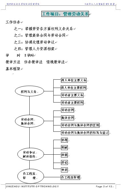 荆州职业技术学院 《工作项目：管理劳动关系》教案