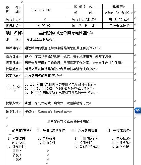 晶闸管的可控单向导电性测试教案