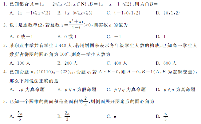 2020-2021年江苏跨地区职业学校单招联考数学试题(有答案和答题卡)