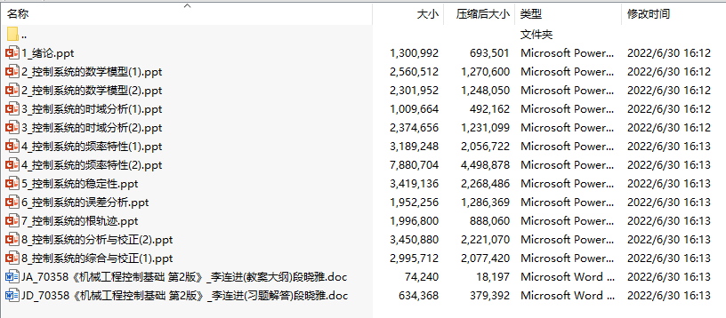《机械工程控制基础 第2版》(李连进)中文电子课件(附教学大纲、习题解答)